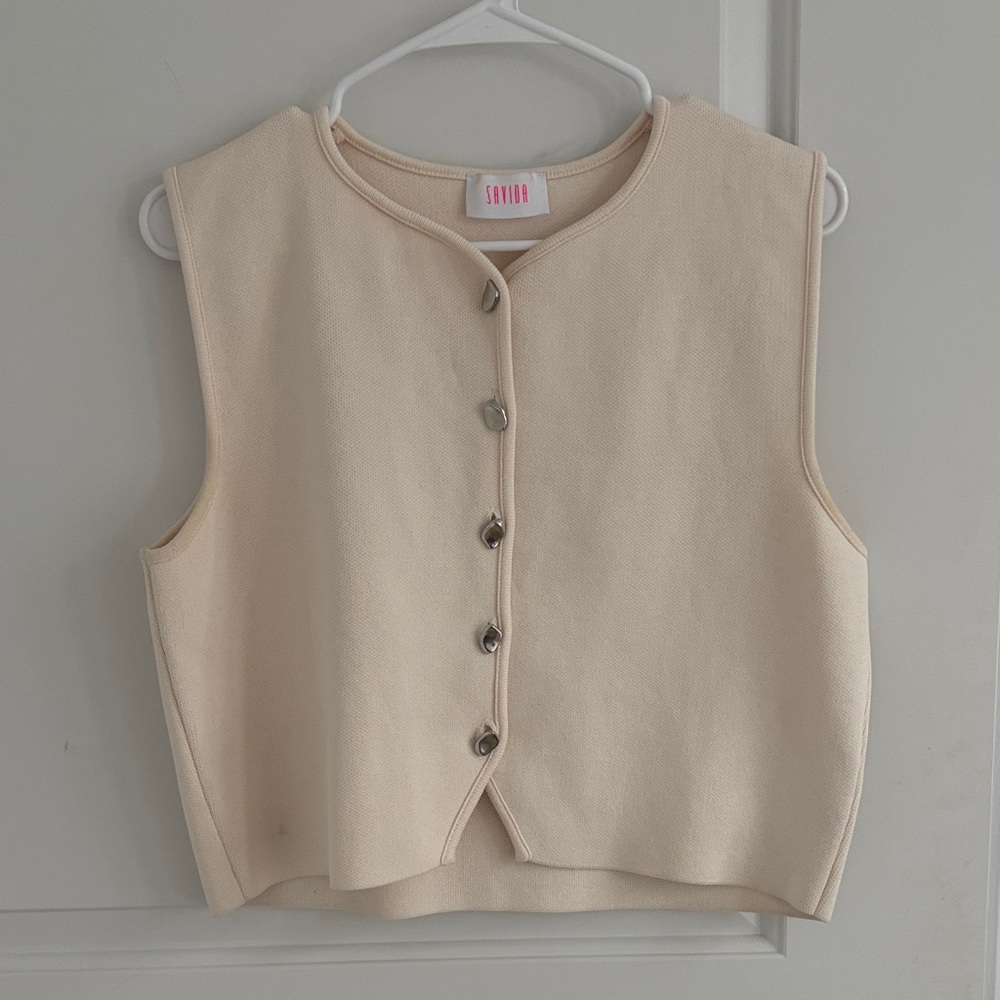 Sleeveless Button-Front Knit Vest in Cream